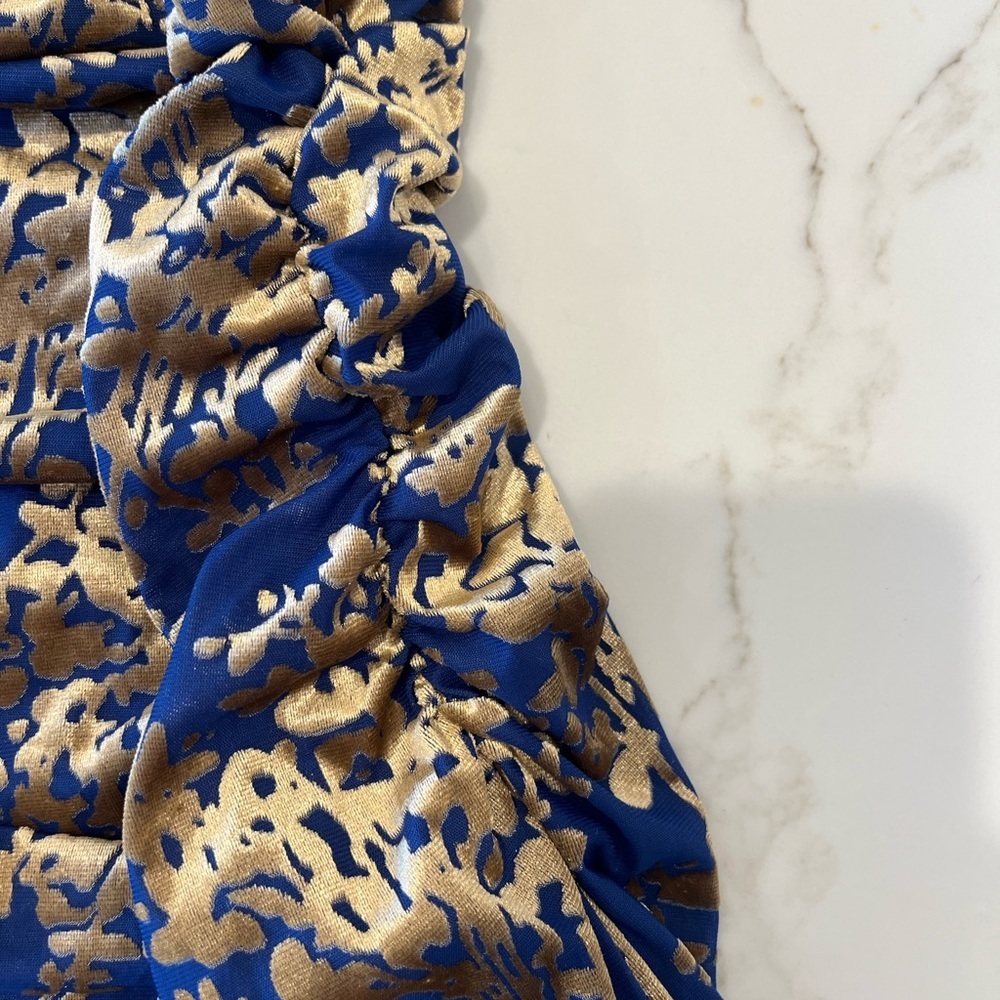 Avec Les Filles Burn Out Blue and Gold Ruched Floral Maxi Dress size L - Picture 10 of 12